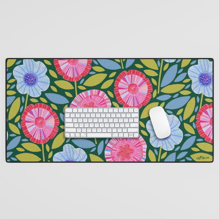 Folk Floral Blossoms in Forest Green Desk Mat Gallery Image 1
