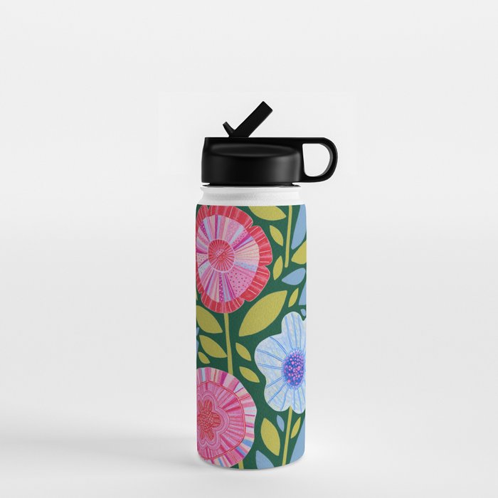 Folk Floral Blossoms in Forest Green Water Bottle Gallery Image 1