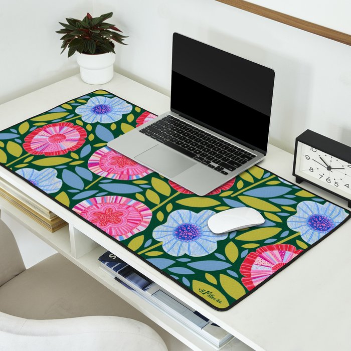 Folk Floral Blossoms in Forest Green Desk Mat Gallery Image 2
