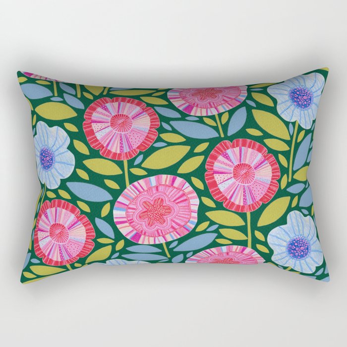 Folk Floral Blossoms in Forest Green Rectangular Pillow Gallery Image 2