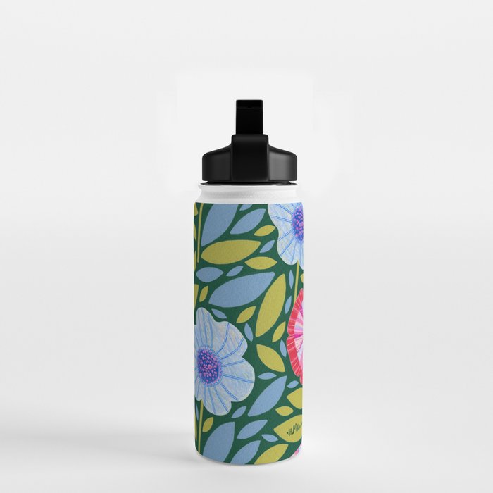 Folk Floral Blossoms in Forest Green Water Bottle Gallery Image 2