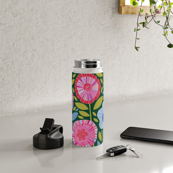Folk Floral Blossoms in Forest Green Water Bottle Gallery Image 4