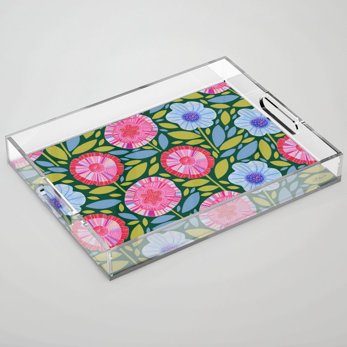 Folk Floral Blossoms in Forest Green Acrylic Tray Gallery Image 1