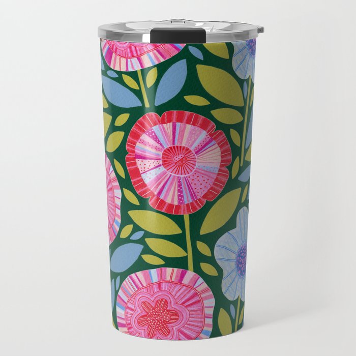 Folk Floral Blossoms in Forest Green Travel Mug Gallery Image 1