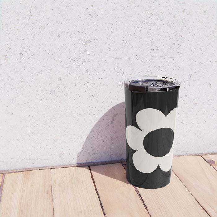 La Fleur | 06 - Retro Floral Print Black And White Flower Travel Mug Gallery Image 4