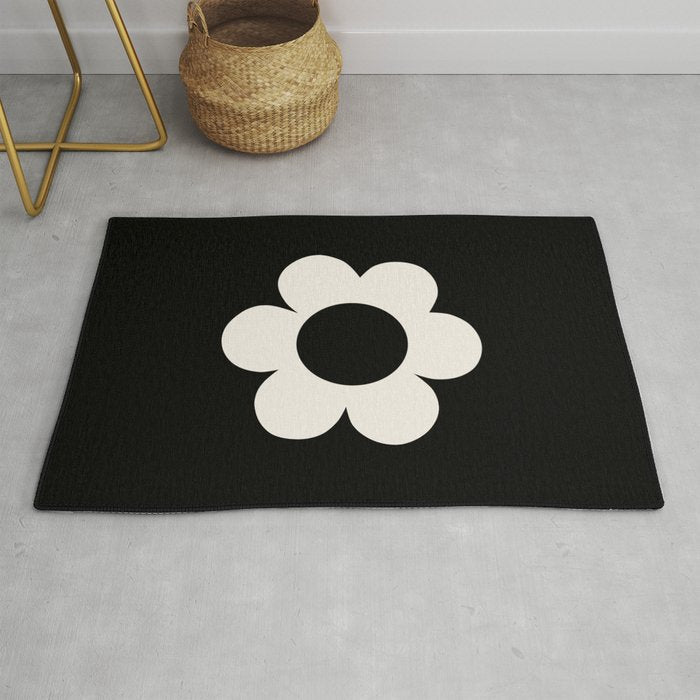 La Fleur | 06 - Retro Floral Print Black And White Flower Rug Gallery Image 1