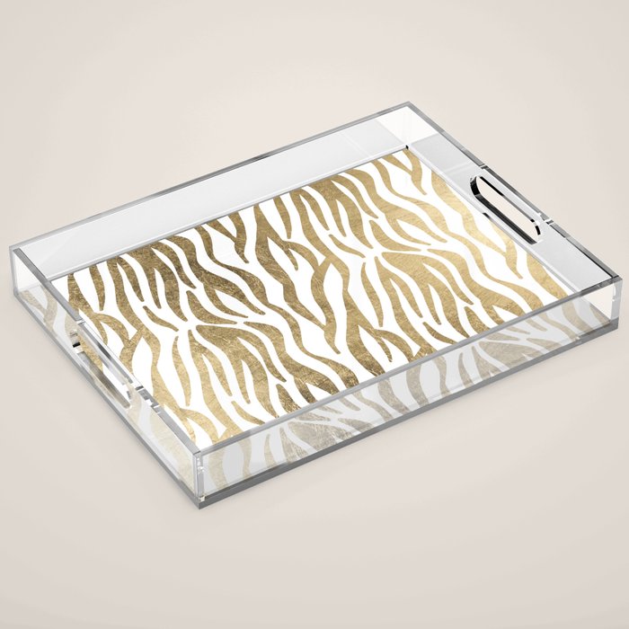 Chic faux gold white modern zebra animal print pattern Acrylic Tray Gallery Image 1