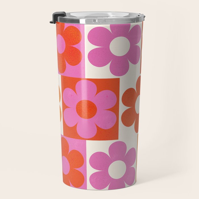 Pink and Orange Retro Daisies Travel Mug Gallery Image 3