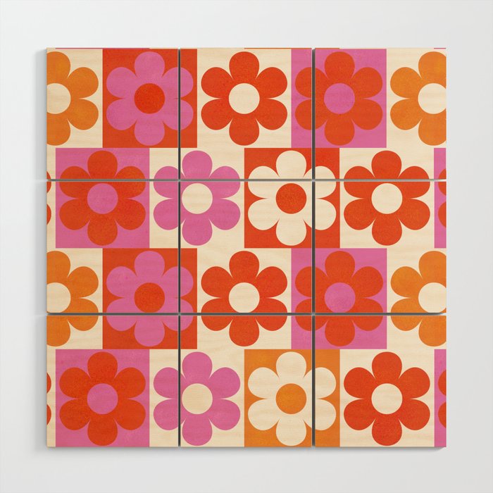 Pink and Orange Retro Daisies Wood Wall Art Gallery Image 1