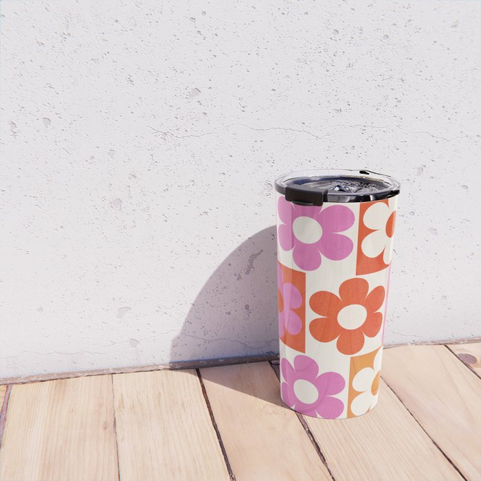 Pink and Orange Retro Daisies Travel Mug Gallery Image 4
