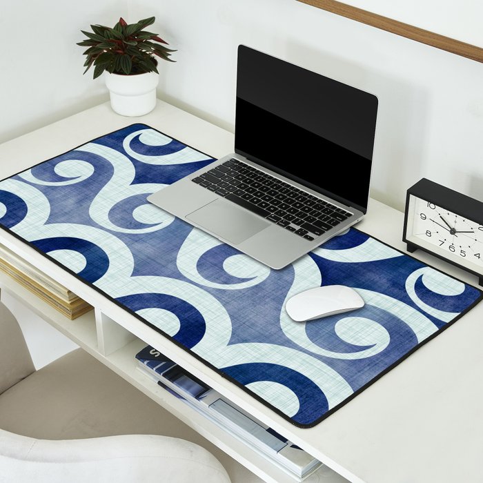Indigo Geometric Beach Waves Desk Mat Gallery Image 2