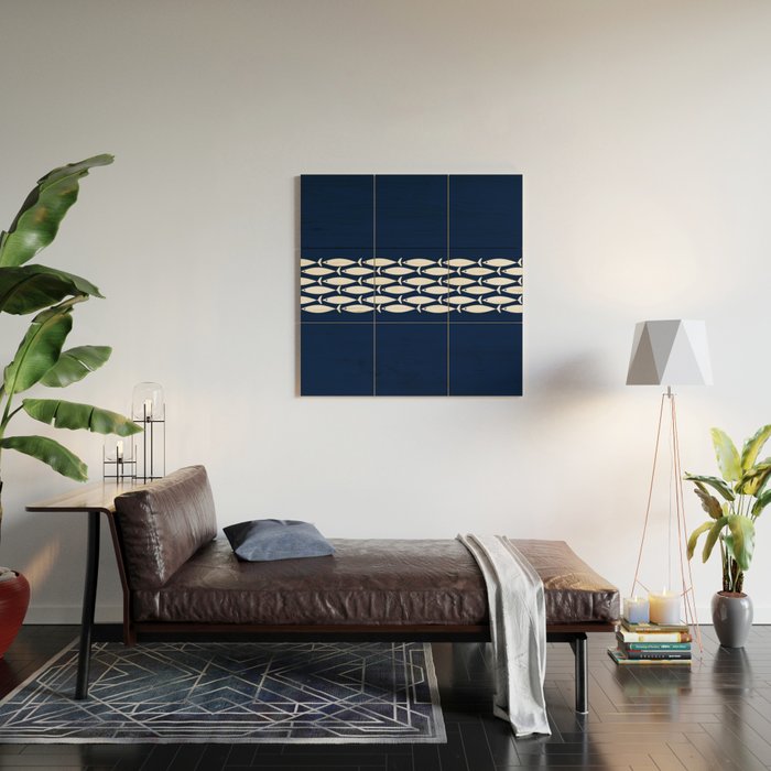 Fish Stripe 6 Minimalist Midcentury Modern Ocean Pattern in White and Nautical Navy Blue Wood Wall Art Gallery Image 2