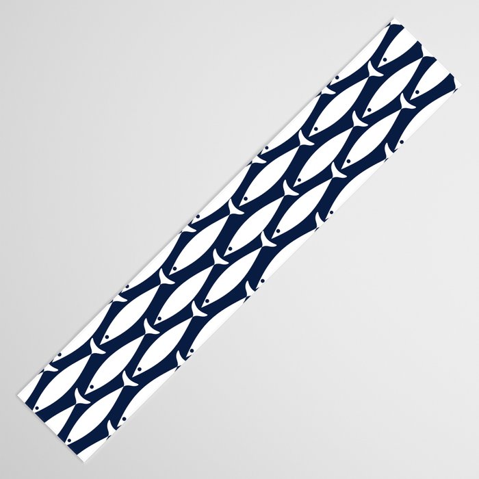 Fish Stripe 6 Minimalist Midcentury Modern Ocean Pattern in White and Nautical Navy Blue Table Runner Gallery Image 3