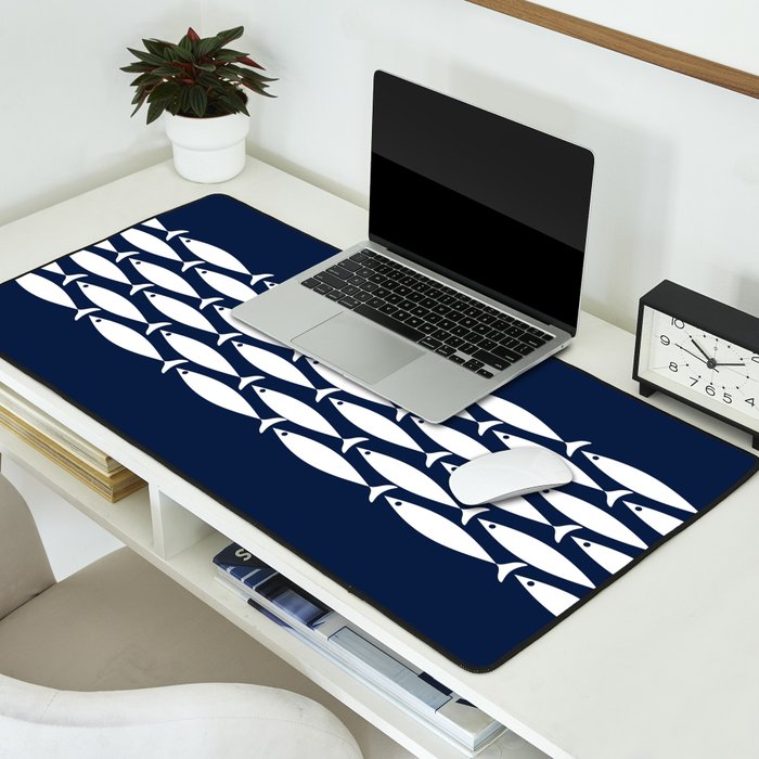 Fish Stripe 6 Minimalist Midcentury Modern Ocean Pattern in White and Nautical Navy Blue Desk Mat Gallery Image 2