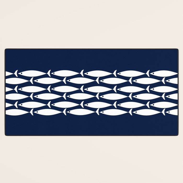 Fish Stripe 6 Minimalist Midcentury Modern Ocean Pattern in White and Nautical Navy Blue Desk Mat Gallery Image 3
