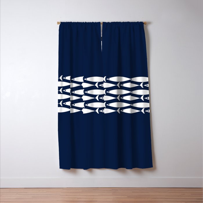 Fish Stripe 6 Minimalist Midcentury Modern Ocean Pattern in White and Nautical Navy Blue Window Curtain Gallery Image 3