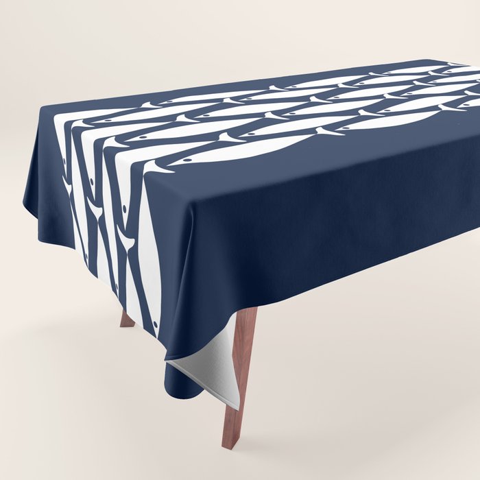 Fish Stripe 6 Minimalist Midcentury Modern Ocean Pattern in White and Nautical Navy Blue Tablecloth Gallery Image 1