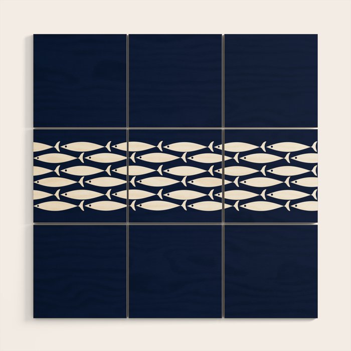 Fish Stripe 6 Minimalist Midcentury Modern Ocean Pattern in White and Nautical Navy Blue Wood Wall Art Gallery Image 1