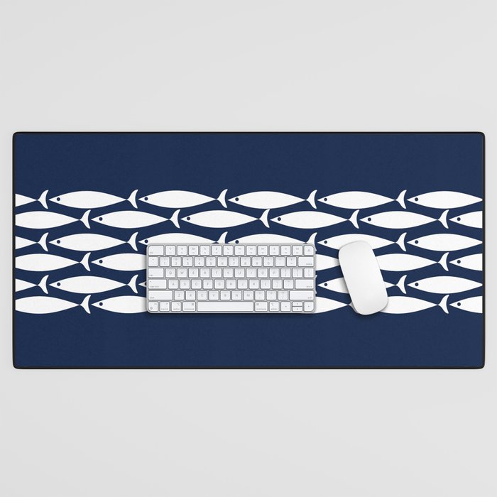 Fish Stripe 6 Minimalist Midcentury Modern Ocean Pattern in White and Nautical Navy Blue Desk Mat Gallery Image 1