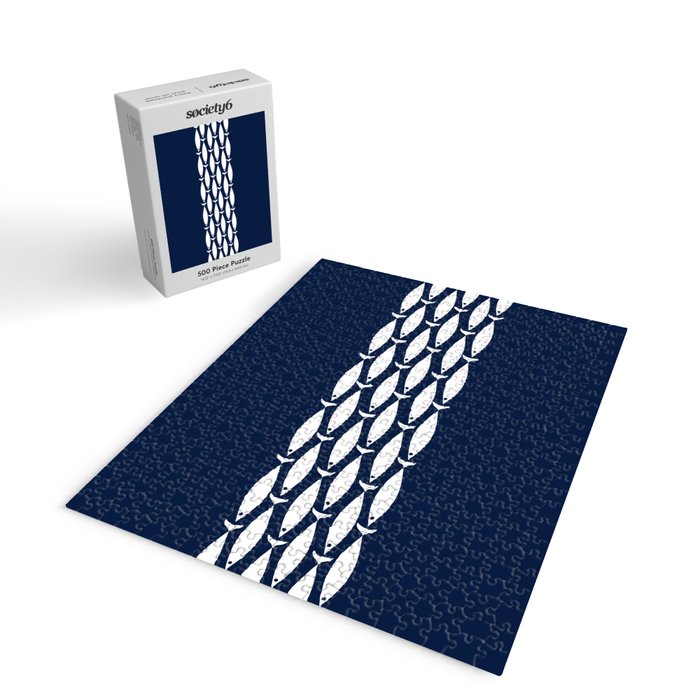 Fish Stripe 6 Minimalist Midcentury Modern Ocean Pattern in White and Nautical Navy Blue Jigsaw Puzzle Gallery Image 2