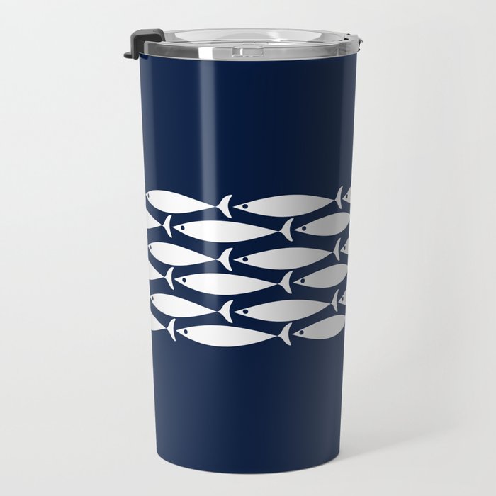 Fish Stripe 6 Minimalist Midcentury Modern Ocean Pattern in White and Nautical Navy Blue Travel Mug Gallery Image 3