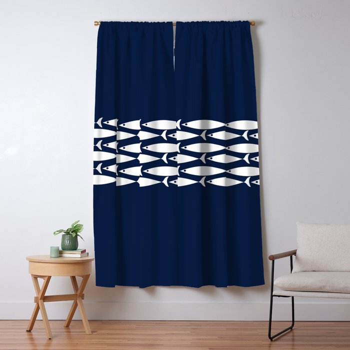Fish Stripe 6 Minimalist Midcentury Modern Ocean Pattern in White and Nautical Navy Blue Window Curtain Gallery Image 5