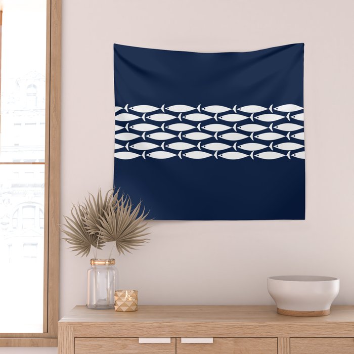 Fish Stripe 6 Minimalist Midcentury Modern Ocean Pattern in White and Nautical Navy Blue Wall Tapestry Gallery Image 2