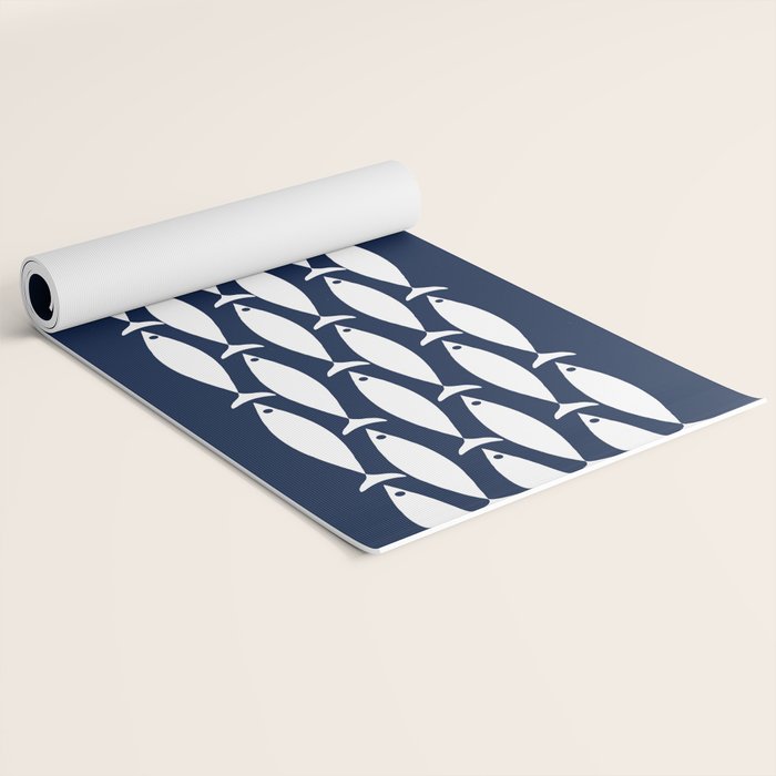 Fish Stripe 6 Minimalist Midcentury Modern Ocean Pattern in White and Nautical Navy Blue Yoga Mat Gallery Image 2