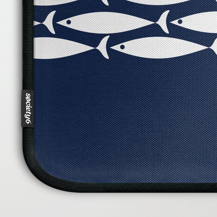 Fish Stripe 6 Minimalist Midcentury Modern Ocean Pattern in White and Nautical Navy Blue Laptop Sleeve Gallery Image 3