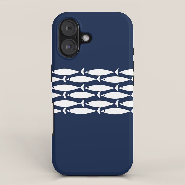Fish Stripe 6 Minimalist Midcentury Modern Ocean Pattern in White and Nautical Navy Blue iPhone Case Gallery Image 1
