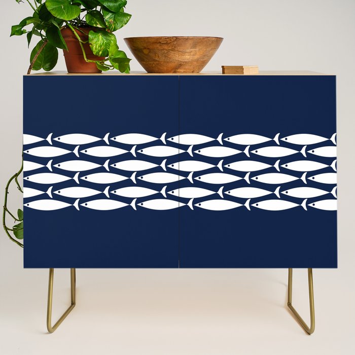 Fish Stripe 6 Minimalist Midcentury Modern Ocean Pattern in White and Nautical Navy Blue Credenza Gallery Image 1
