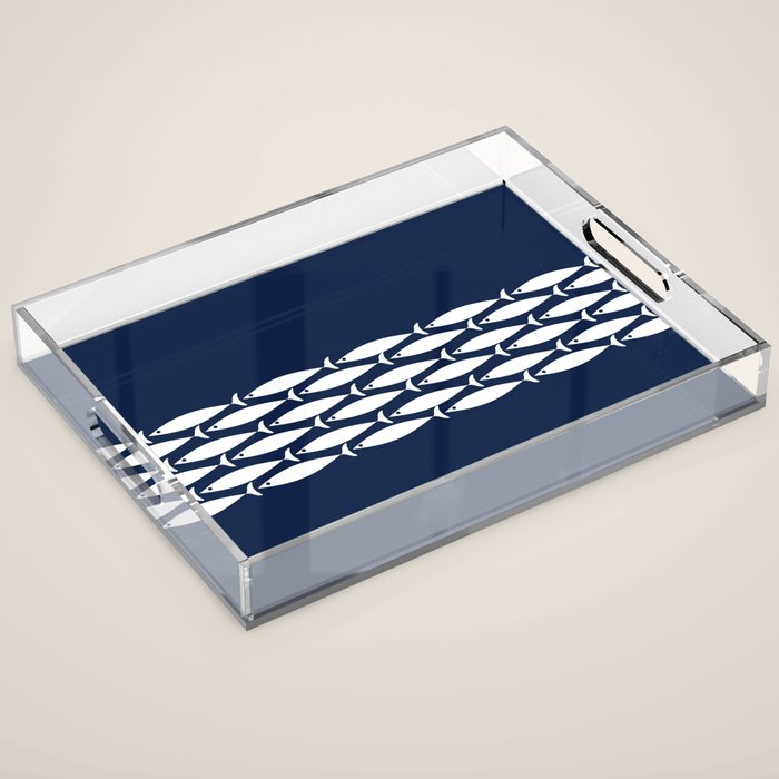 Fish Stripe 6 Minimalist Midcentury Modern Ocean Pattern in White and Nautical Navy Blue Acrylic Tray Gallery Image 1