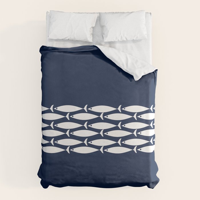 Fish Stripe 6 Minimalist Midcentury Modern Ocean Pattern in White and Nautical Navy Blue Duvet Cover Gallery Image 6