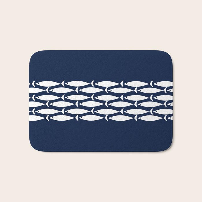 Fish Stripe 6 Minimalist Midcentury Modern Ocean Pattern in White and Nautical Navy Blue Bath Mat Gallery Image 1