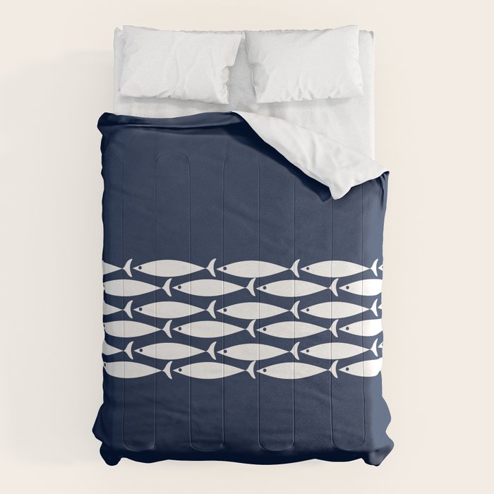 Fish Stripe 6 Minimalist Midcentury Modern Ocean Pattern in White and Nautical Navy Blue Comforter Gallery Image 6