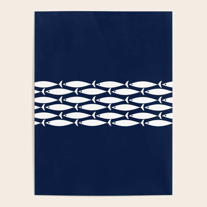 Fish Stripe 6 Minimalist Midcentury Modern Ocean Pattern in White and Nautical Navy Blue Poster Gallery Image 4