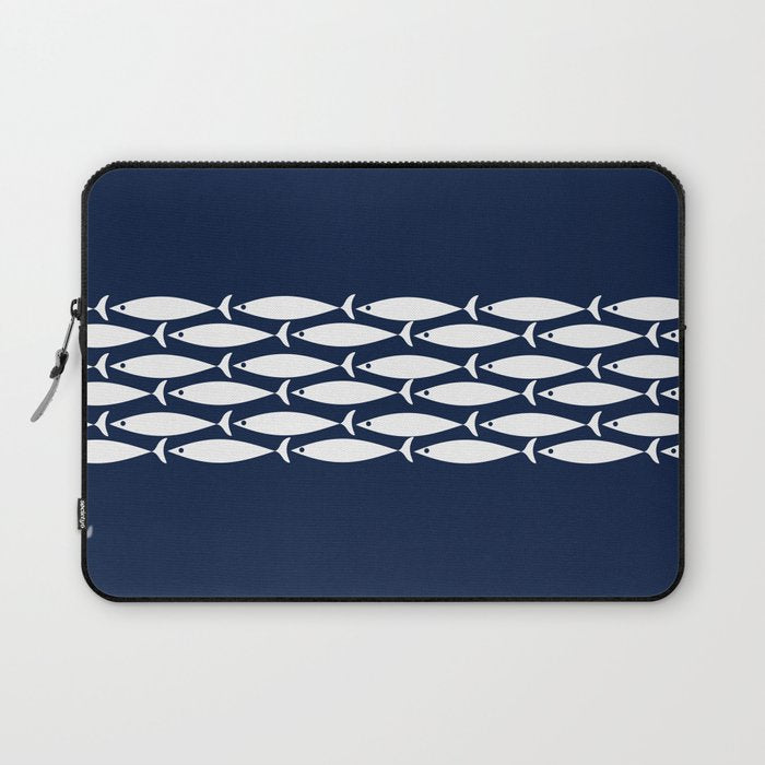 Fish Stripe 6 Minimalist Midcentury Modern Ocean Pattern in White and Nautical Navy Blue Laptop Sleeve Gallery Image 1