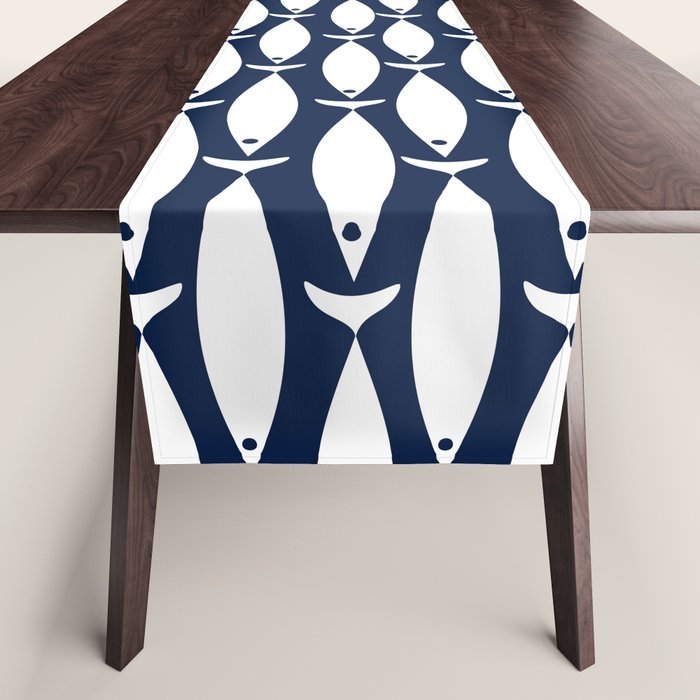 Fish Stripe 6 Minimalist Midcentury Modern Ocean Pattern in White and Nautical Navy Blue Table Runner Gallery Image 1
