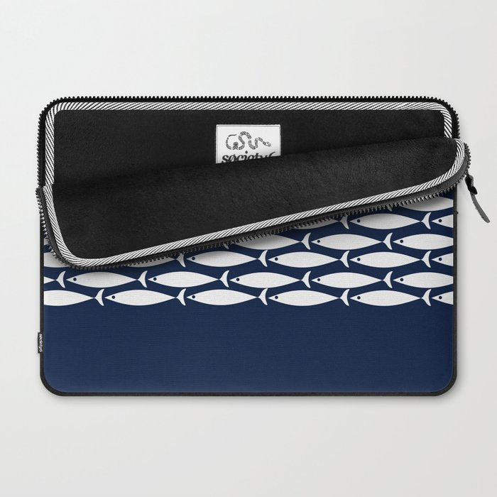 Fish Stripe 6 Minimalist Midcentury Modern Ocean Pattern in White and Nautical Navy Blue Laptop Sleeve Gallery Image 2