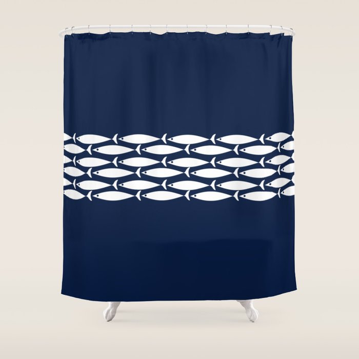 Fish Stripe 6 Minimalist Midcentury Modern Ocean Pattern in White and Nautical Navy Blue Shower Curtain Gallery Image 1