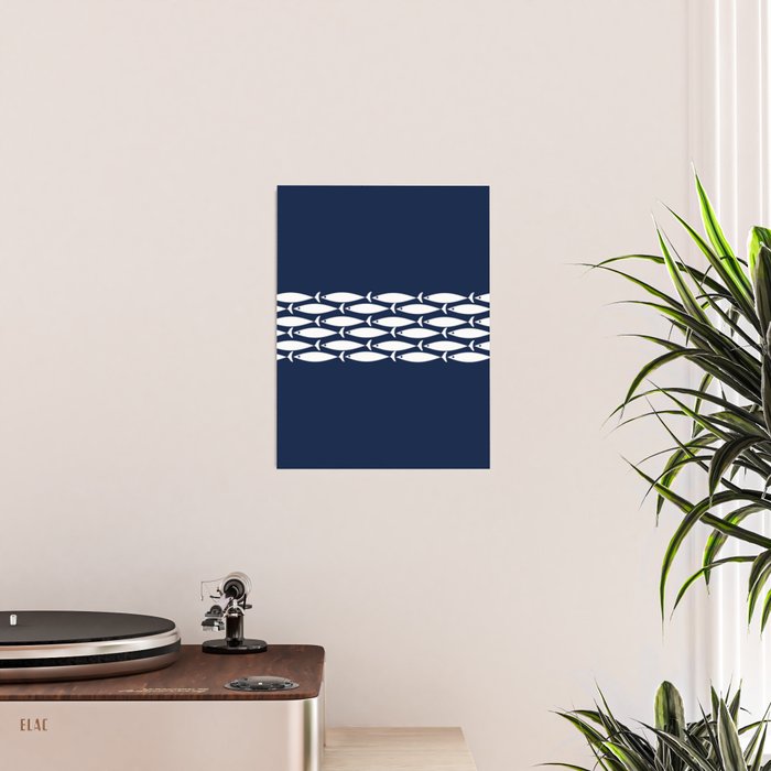 Fish Stripe 6 Minimalist Midcentury Modern Ocean Pattern in White and Nautical Navy Blue Poster Gallery Image 2