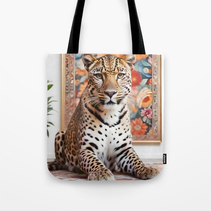Summer Home, Leopard Tiger Cheetah Indoors Moroccan Rug, Photography Eclectic Wildlife Animals, Home Pets Wild Cats Tote Bag Gallery Image 1