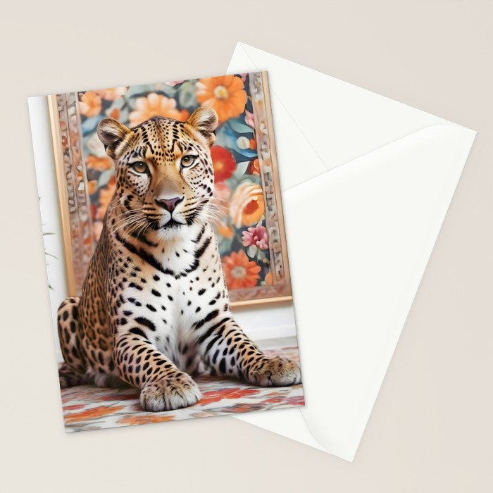 Summer Home, Leopard Tiger Cheetah Indoors Moroccan Rug, Photography Eclectic Wildlife Animals, Home Pets Wild Cats Stationery Card Gallery Image 2
