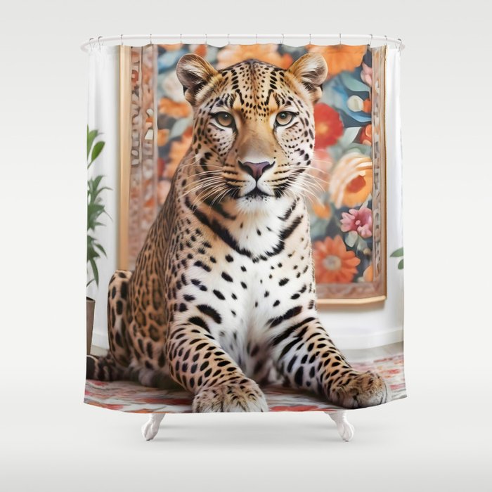 Summer Home, Leopard Tiger Cheetah Indoors Moroccan Rug, Photography Eclectic Wildlife Animals, Home Pets Wild Cats Shower Curtain Gallery Image 1
