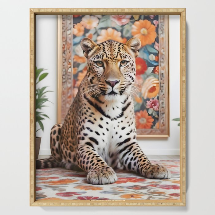 Summer Home, Leopard Tiger Cheetah Indoors Moroccan Rug, Photography Eclectic Wildlife Animals, Home Pets Wild Cats Serving Tray Gallery Image 1