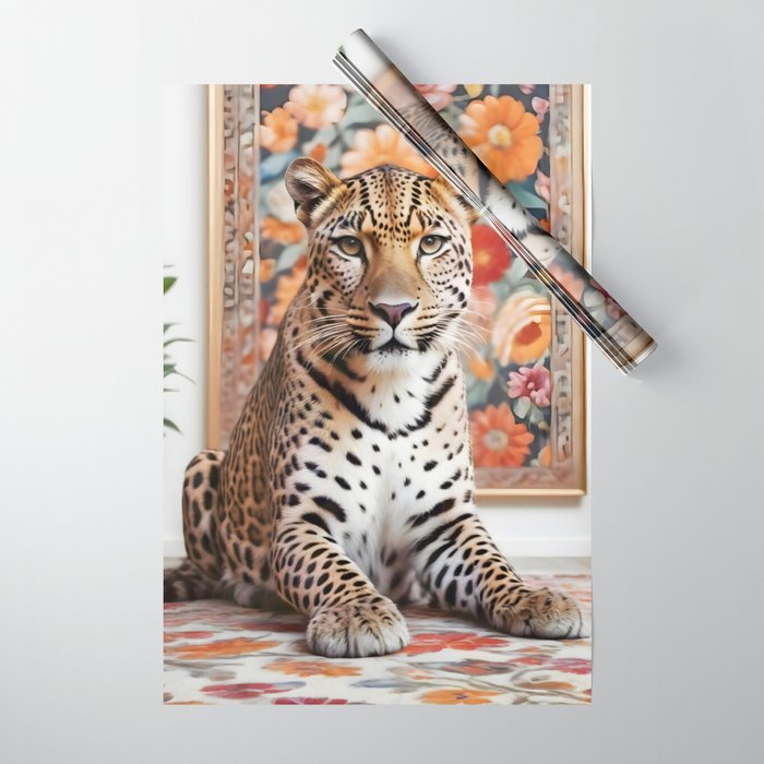 Summer Home, Leopard Tiger Cheetah Indoors Moroccan Rug, Photography Eclectic Wildlife Animals, Home Pets Wild Cats Wrapping Paper Gallery Image 1
