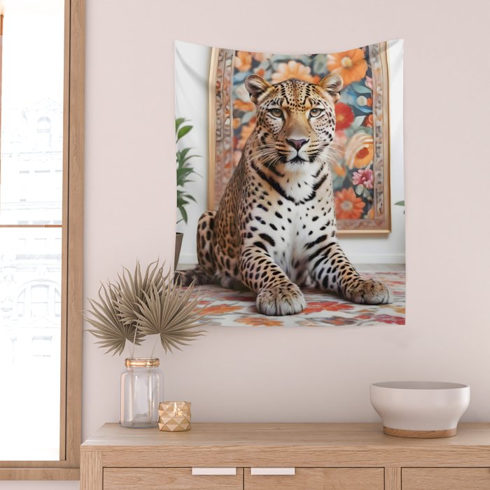 Summer Home, Leopard Tiger Cheetah Indoors Moroccan Rug, Photography Eclectic Wildlife Animals, Home Pets Wild Cats Wall Tapestry Gallery Image 2