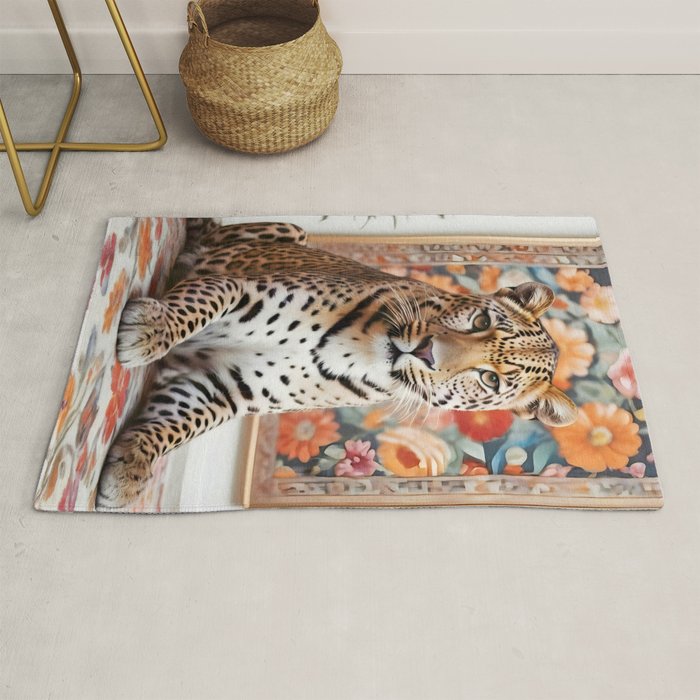 Summer Home, Leopard Tiger Cheetah Indoors Moroccan Rug, Photography Eclectic Wildlife Animals, Home Pets Wild Cats Rug Gallery Image 1