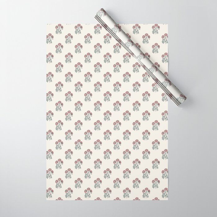 Vintage Sketched Block Print Floral - Green Raspberry Wrapping Paper Gallery Image 1