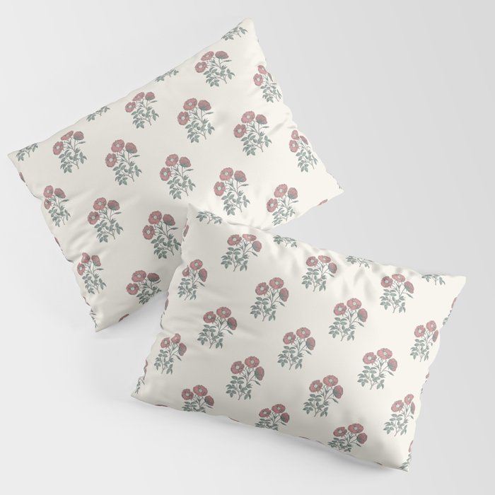 Vintage Sketched Block Print Floral - Green Raspberry Pillow Sham Gallery Image 3
